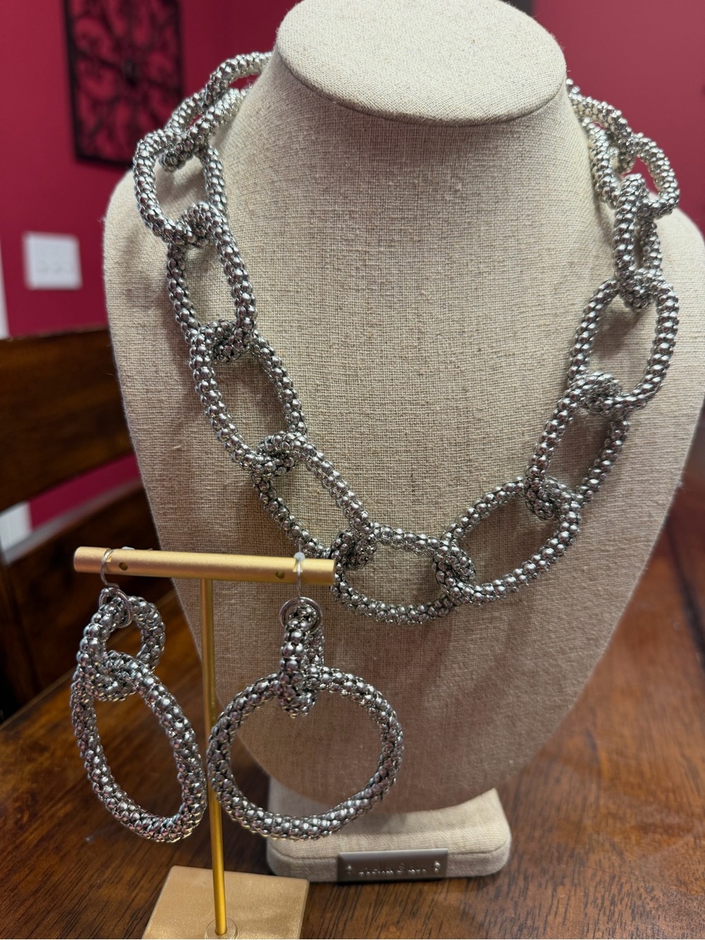 Park Lane Silver Braided Link Necklace with Hoop Earrings; Bellagio collection